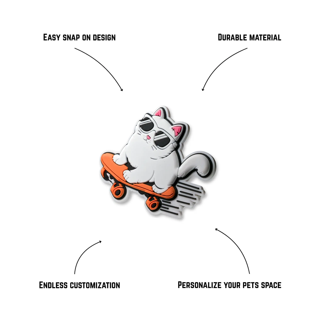 Pet crate accessories skateboard kitty crate charm features benefits callout Crate Charms snap-on decoration