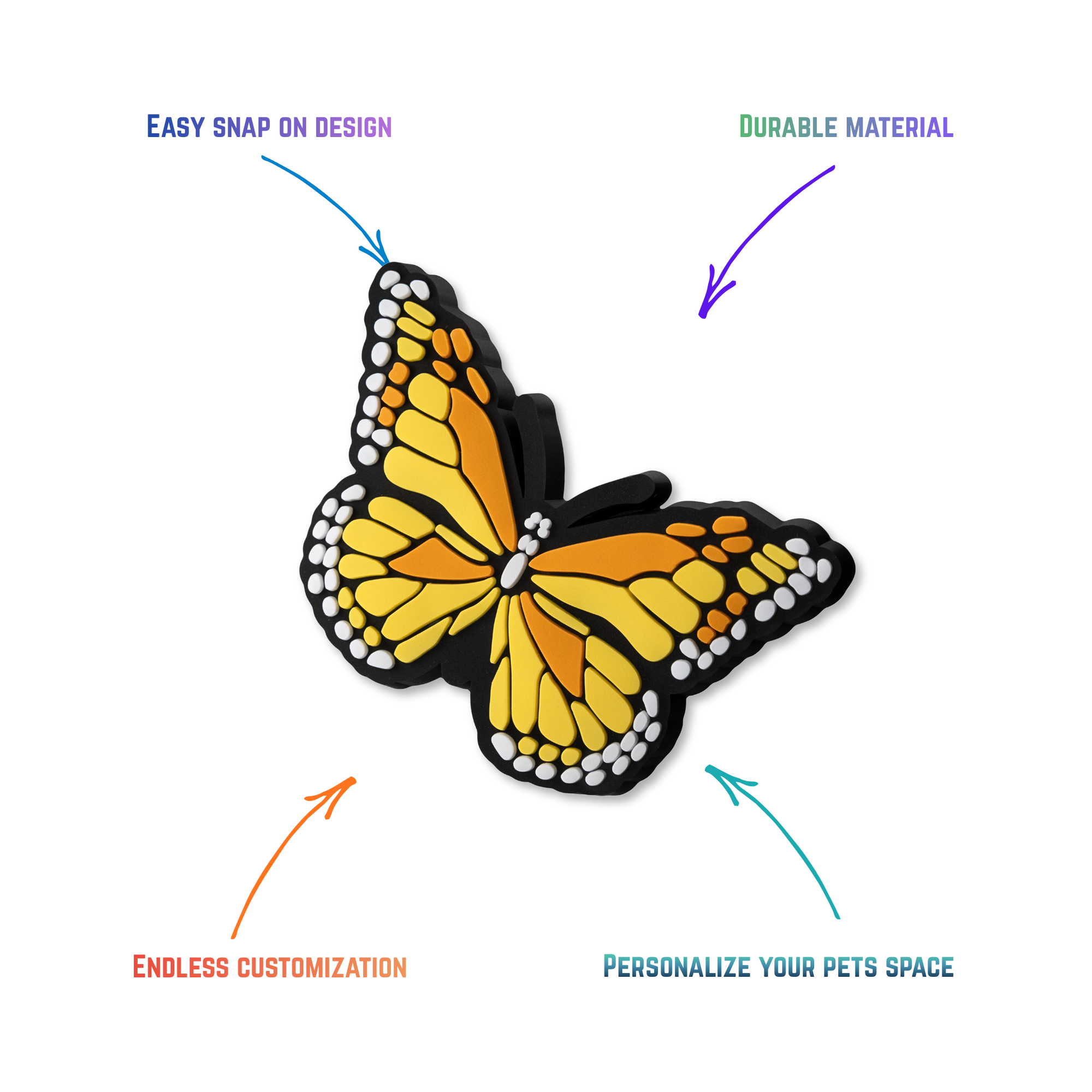 Monarch butterfly snap-on crate charm with easy attachment and durable construction