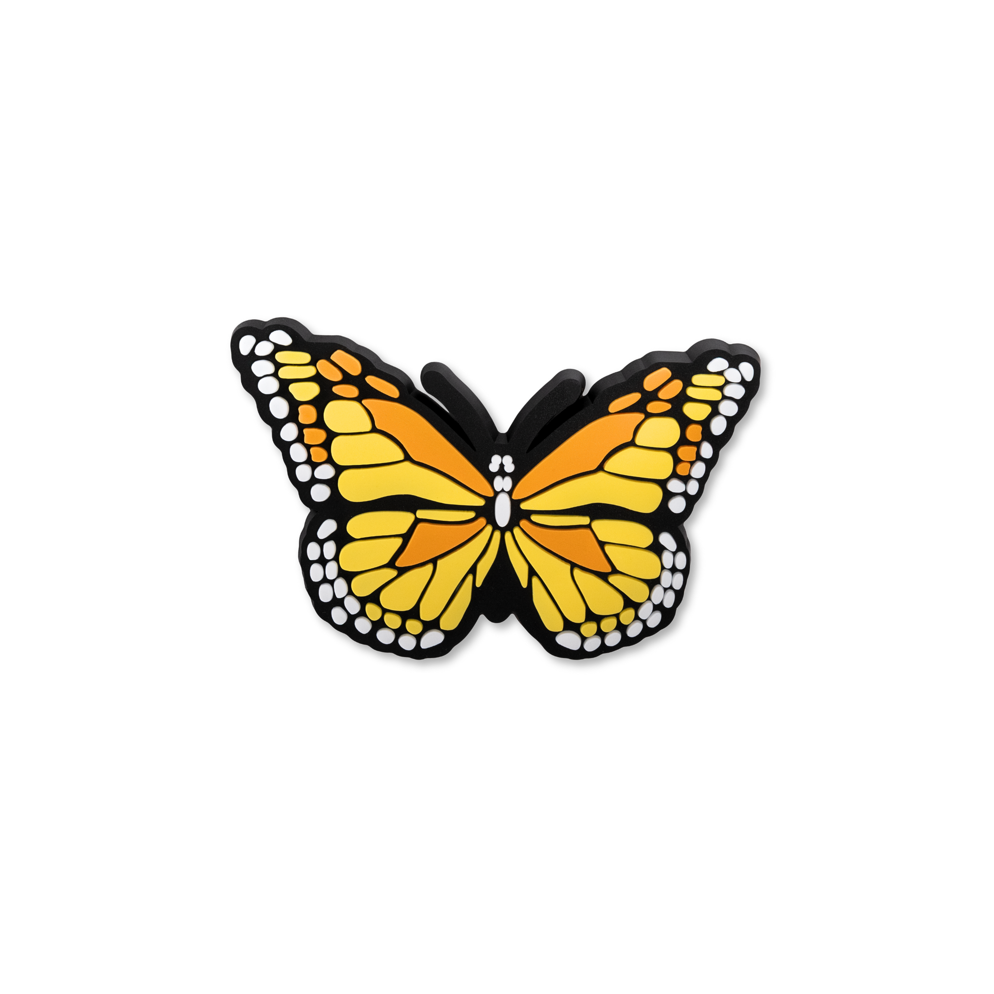 Orange and yellow monarch butterfly decorative charm with black and white spotted wing edges