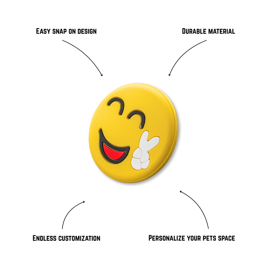 Pet crate accessories yellow peace smiley crate charm features benefits callout Crate Charms snap-on decoration