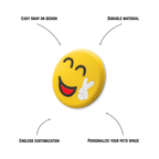 Pet crate accessories yellow peace smiley crate charm features benefits callout Crate Charms snap-on decoration