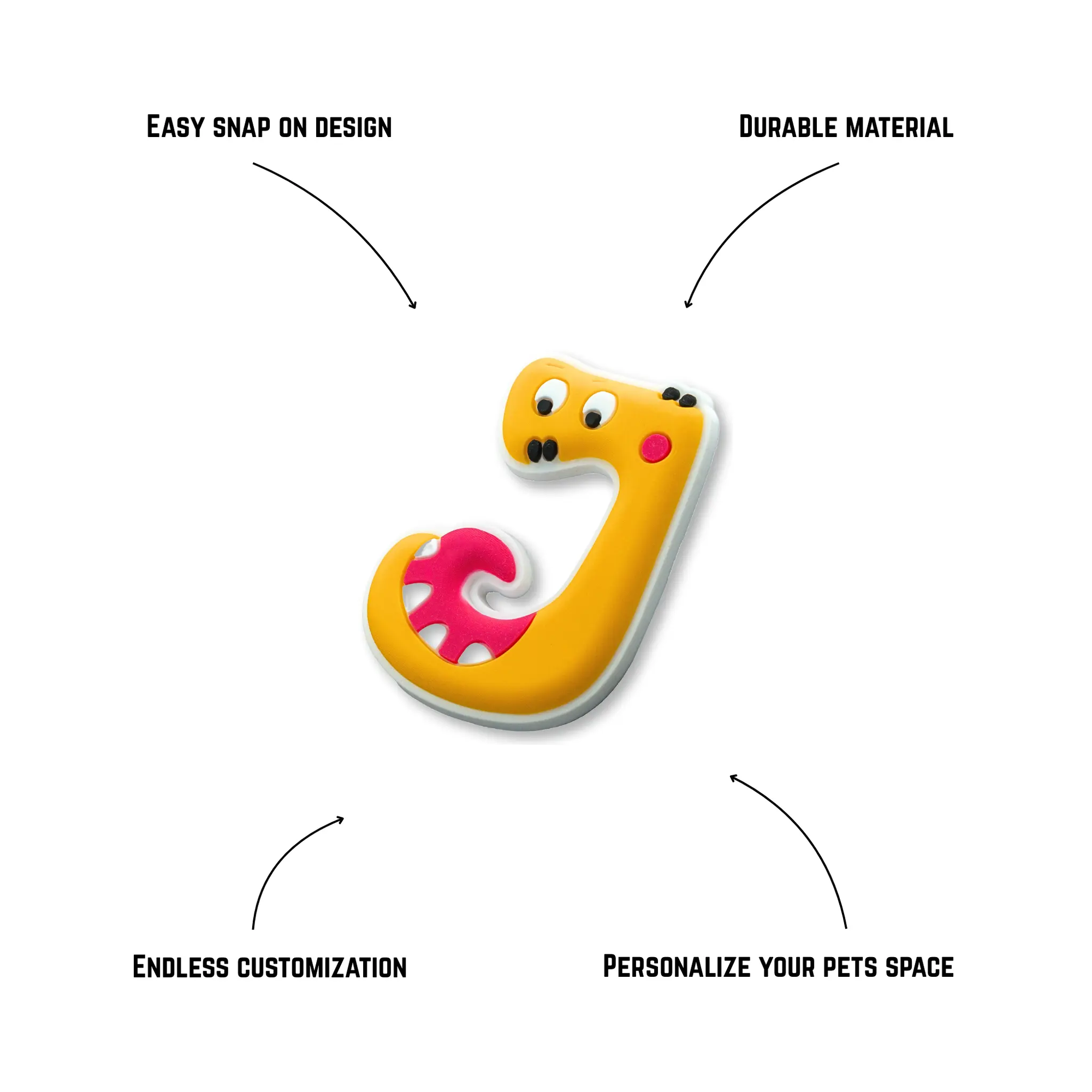 Pet crate accessories yellow letter J crate charm features benefits callout Crate Charms alphabet snap-on decoration