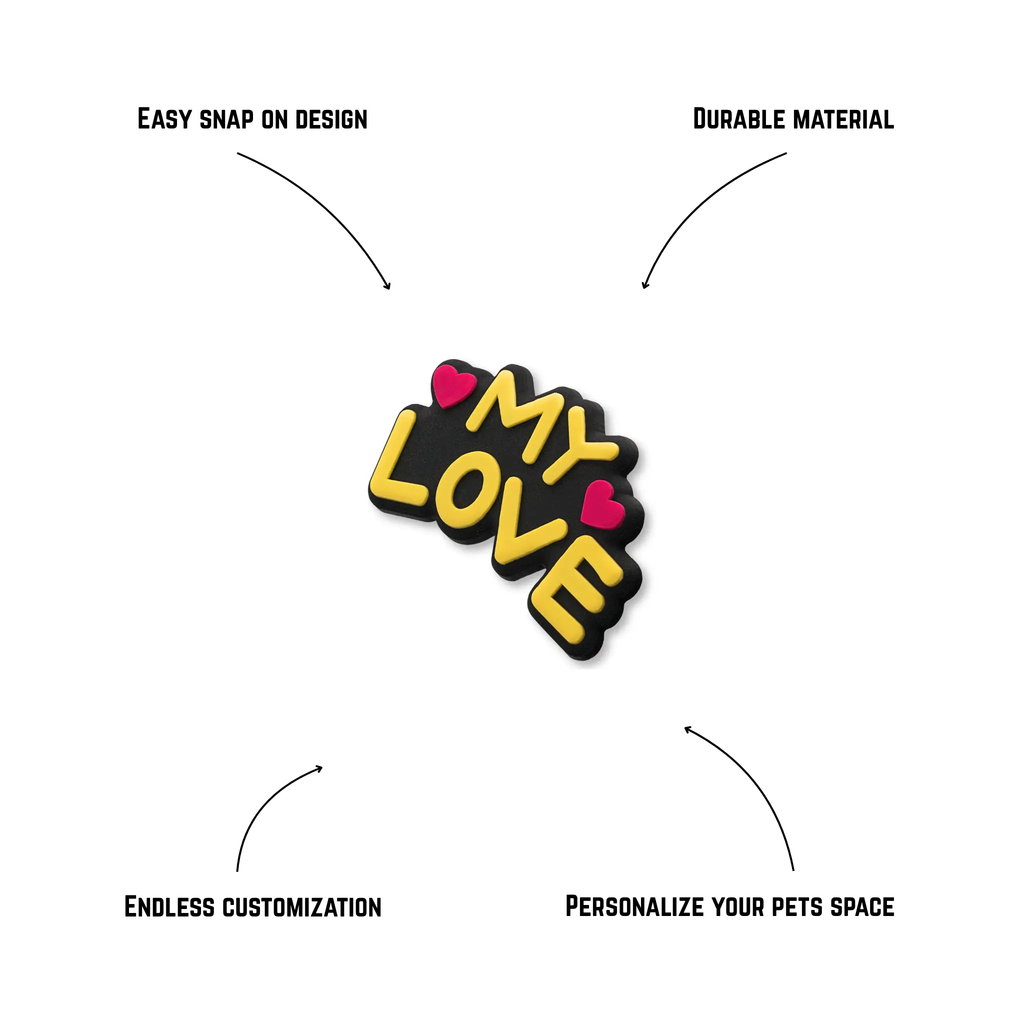 Pet crate accessories yellow my love text crate charm features benefits callout Crate Charms snap-on decoration
